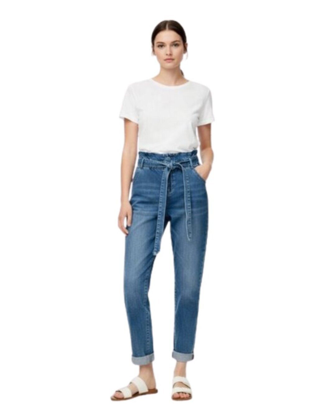 Almost Famous Paperbag Waist Tie Belt Mom Jeans High Rise Medium Wash